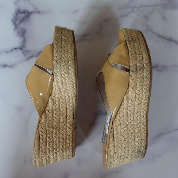 Jimmy Choo Shoes Womens Size 39 Beige Patent Wedge Espadrille Sandals Italy - Picture 3 of 10